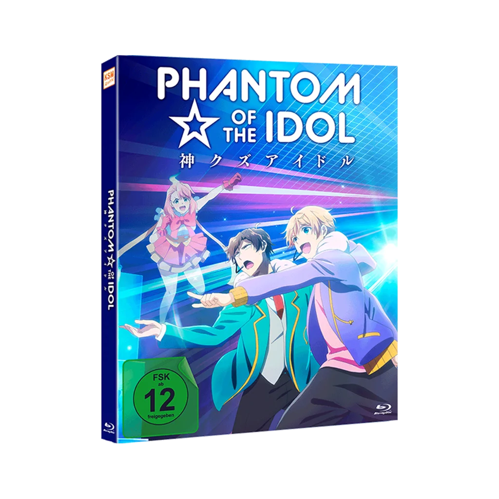 Blaue und weiße Anime-Blu-ray-Box für Phantom of the Idol mit Charakteren auf dem Cover