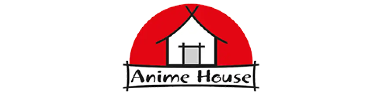 Rotes hausförmiges Logo mit weißen Text und schwarzem Umriss
