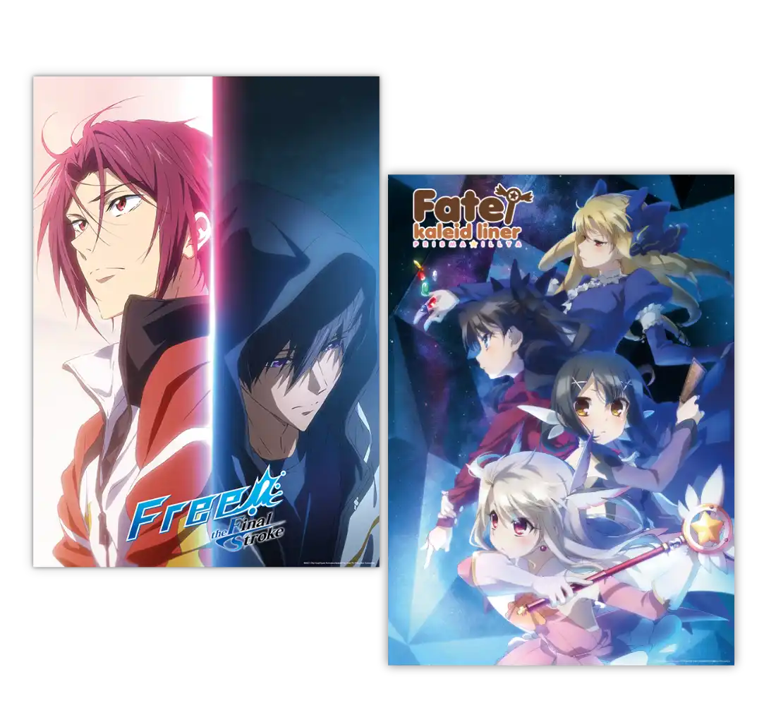 Rotes und schwarzes Anime-Charakter-Poster mit weißem Text »kostenlos! -tauche in die Zukunft-«