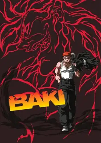 Rotes und schwarzes Baki-Poster mit Charakterdesign.