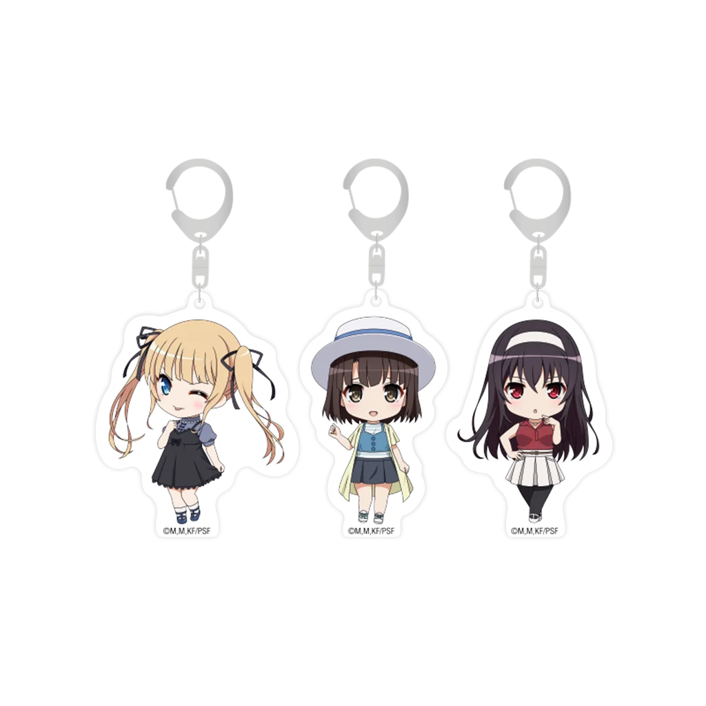 3D Acrylschlüsselanhänger mit Anime-Charakteren aus Saekano the Movie Finale vor schwarzem Hintergrund