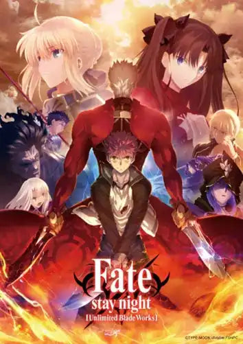 Fate Stay Night Poster mit Charakteren in dynamischen Posen vor einem feurigen Hintergrund.