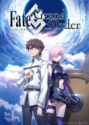 Fate Grand Order Poster mit einem männlichen und einem weiblichen Charakter vor einem Meereshintergrund.