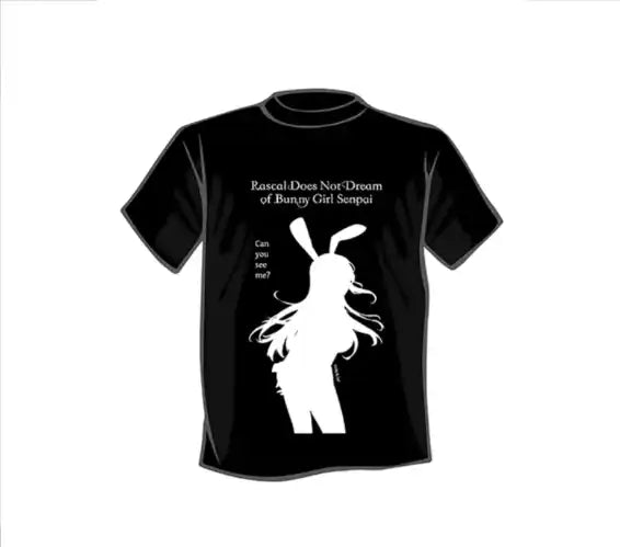Schwarzes T-Shirt mit weißer Grafik eines Hasen und Text »Rascal does not dream bunny girl senpai«