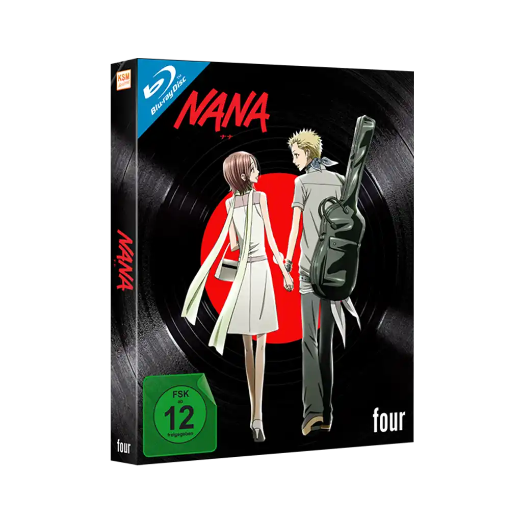 Schwarz-weißes Nana-Anime-Blu-ray-Case mit rotem Vinyl-Schallplattendesign.