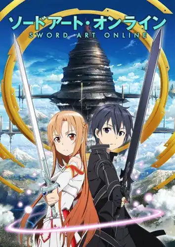 Sword Art Online Anime-Poster mit zwei Charakteren, die Schwerter vor einer futuristischen Stadtsilhouette halten.
