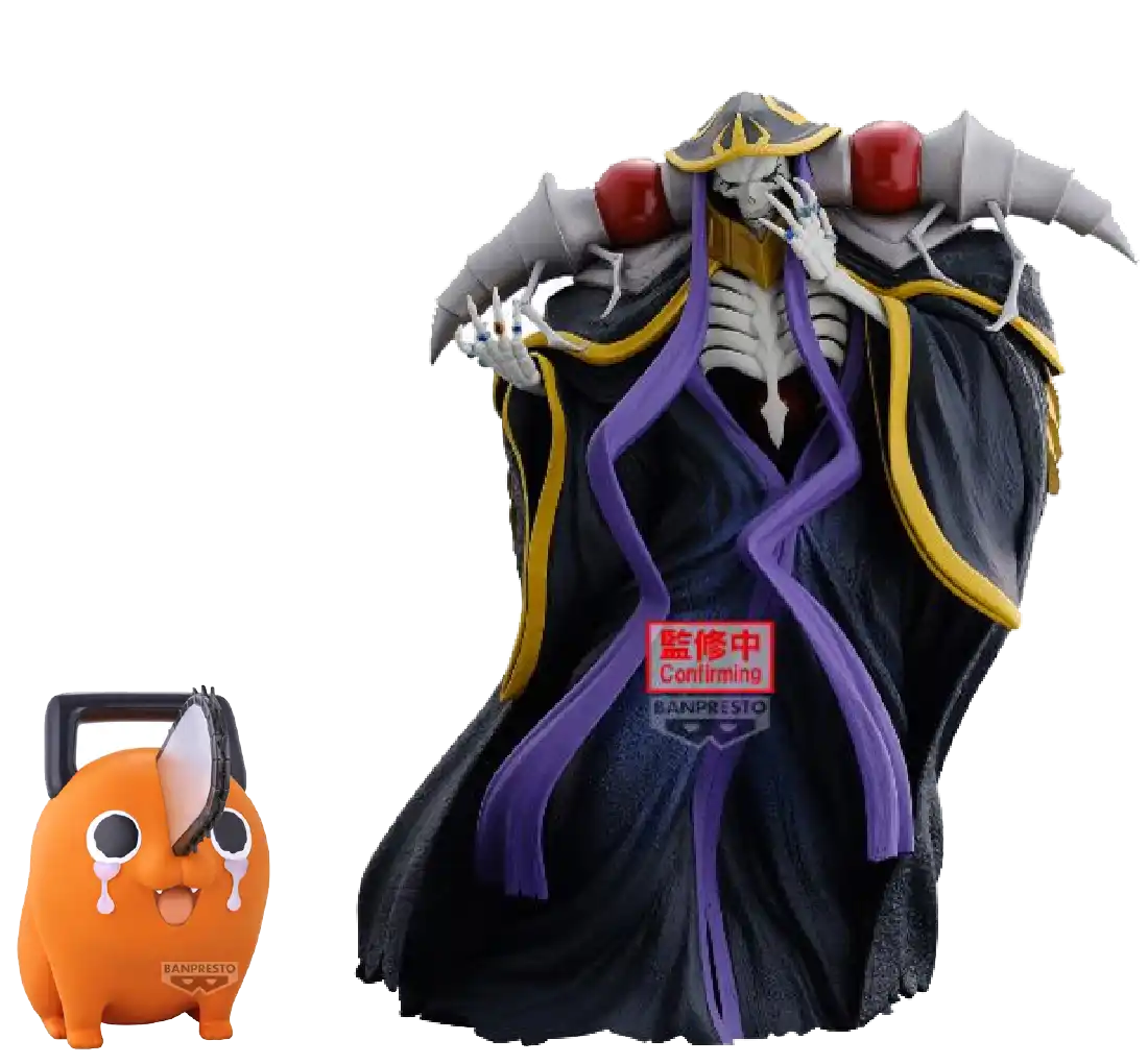 Skelettfigur mit lila und gelben Akzenten, schwarzer Kleidung, weißem Schädel-Design.