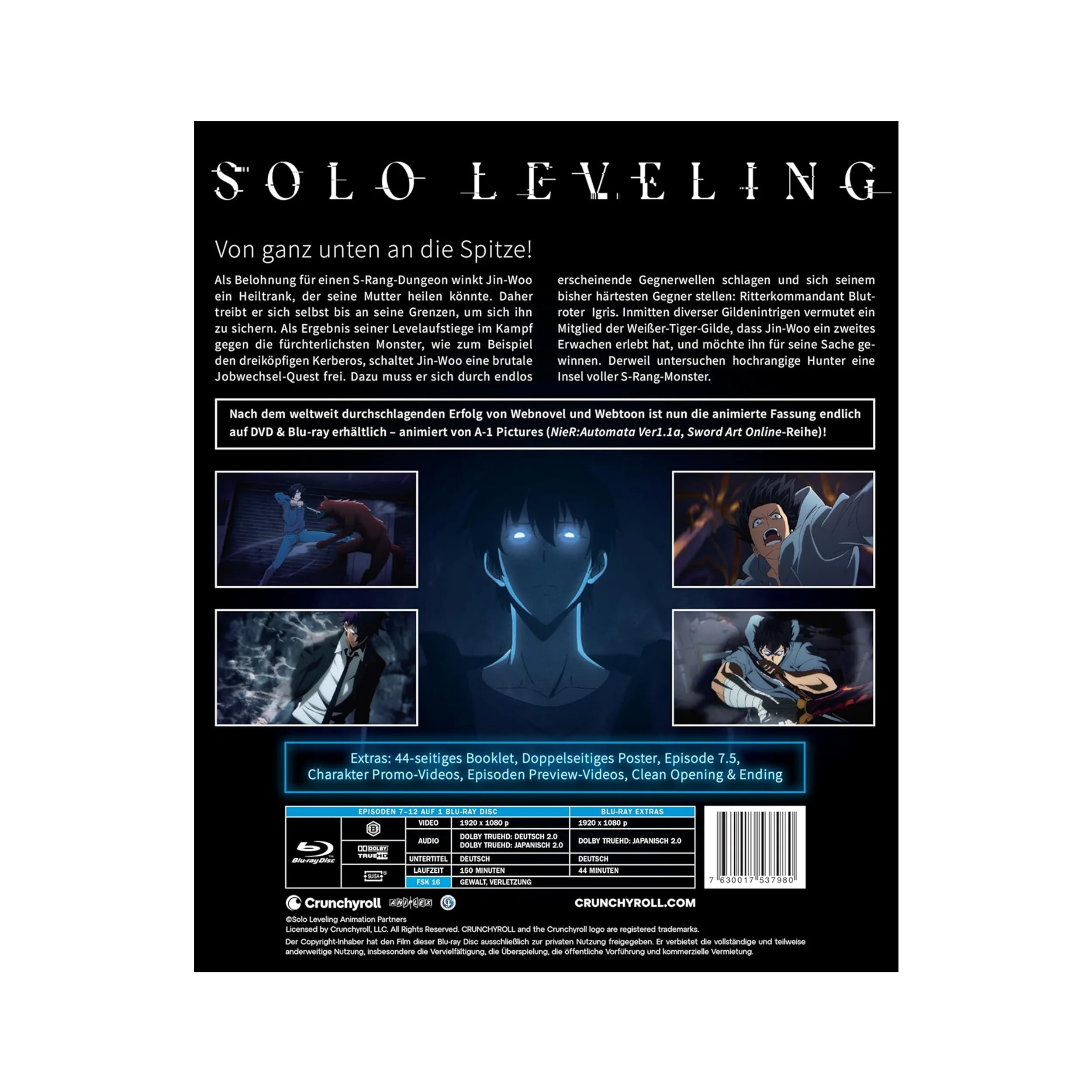 Black Solo Leveling Blu-ray Case mit weißen Texten und Charakterbildern, Staffel 1 Part 2