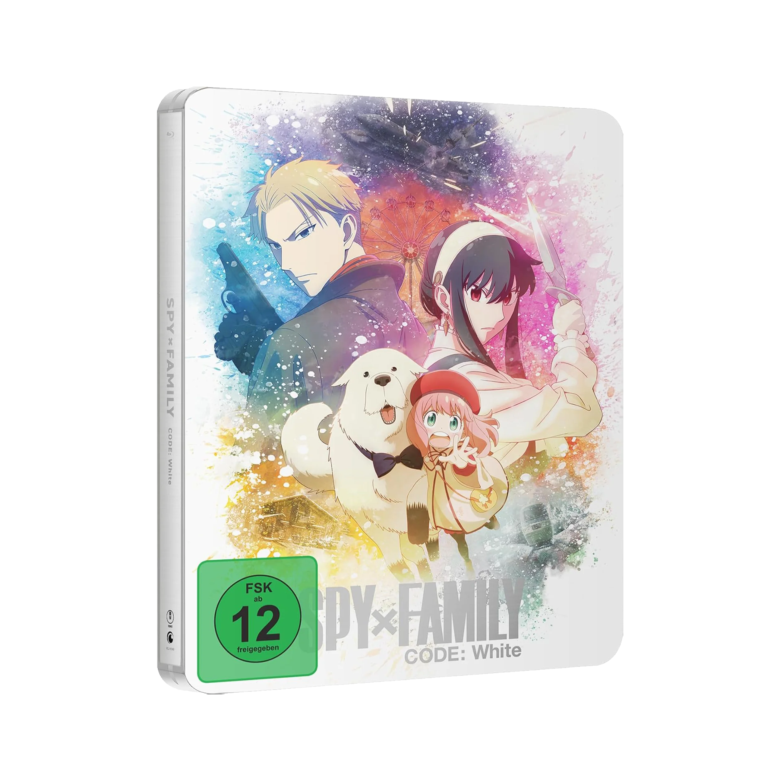 Anime DVD Steelbook mit bunten Charakteren und lebendigem Hintergrund für Spy x Family Code White The Movie