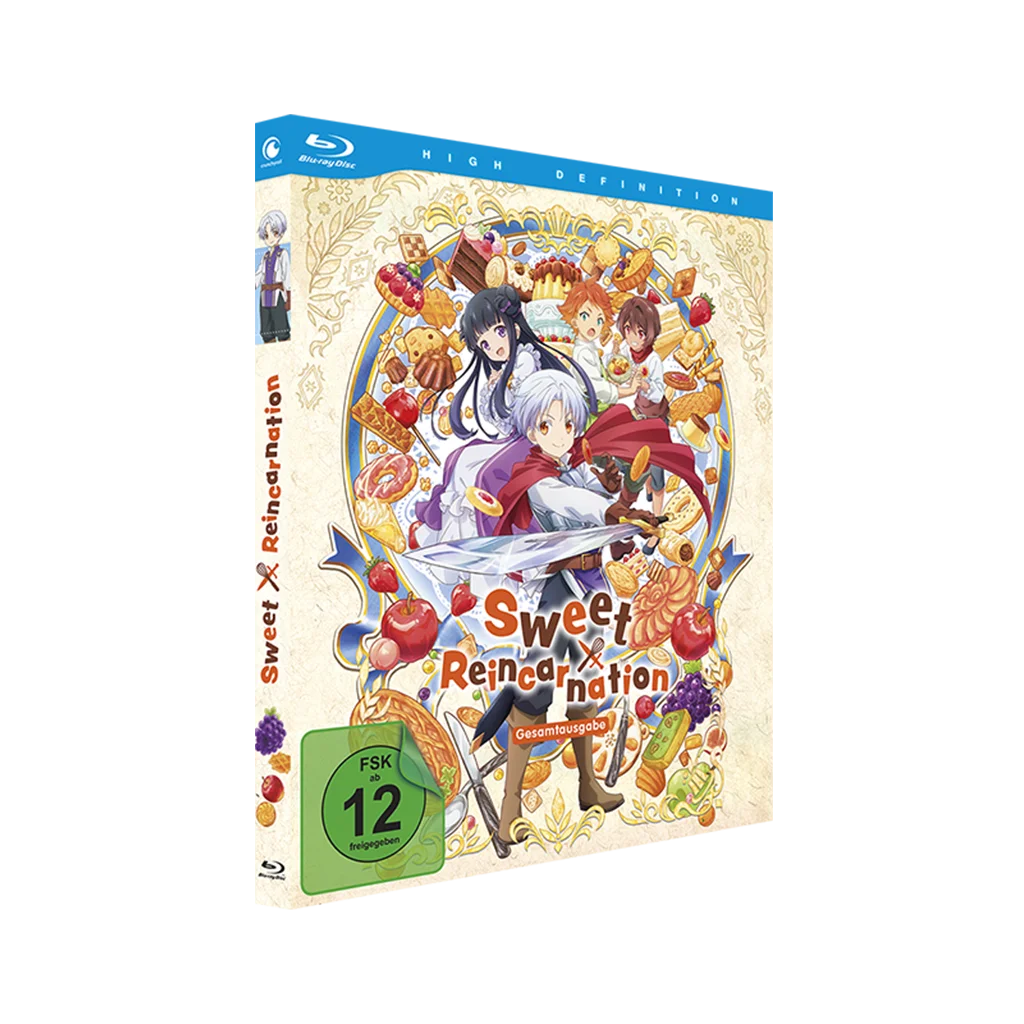 Blu-ray Hülle von Sweet Reincarnation Gesamtausgabe mit Anime-Charakteren und bunten Früchten