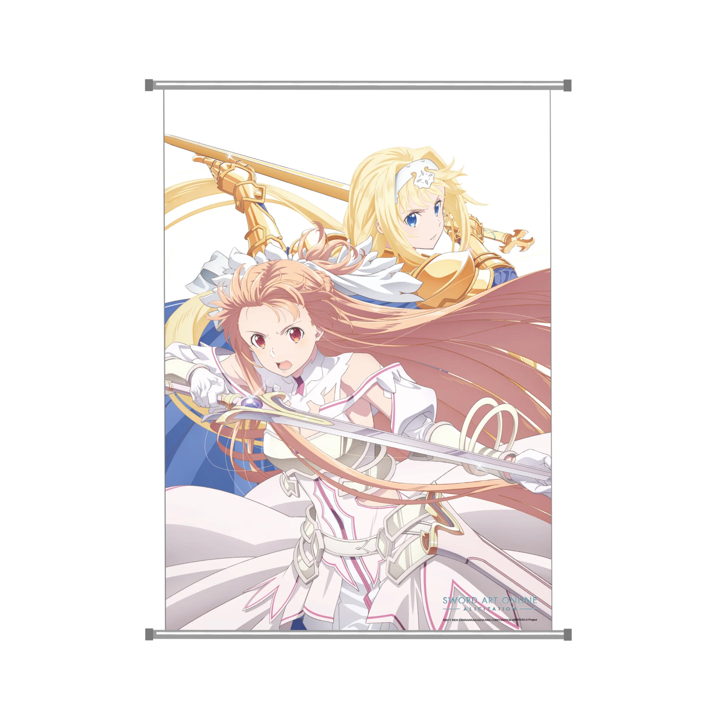 Silbernes Metallscroll-Banner mit Anime-Charakteren Asuna und Alice aus Sword Art Online Alicization War of Underworld
