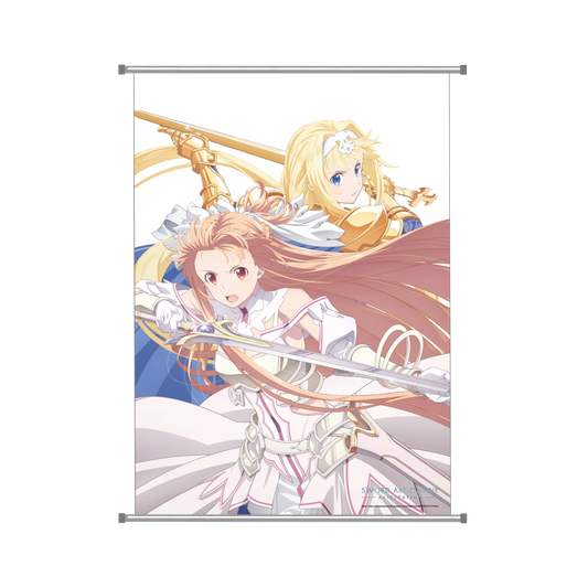 Silbernes Metallscroll-Banner mit Anime-Charakteren Asuna und Alice aus Sword Art Online Alicization War of Underworld