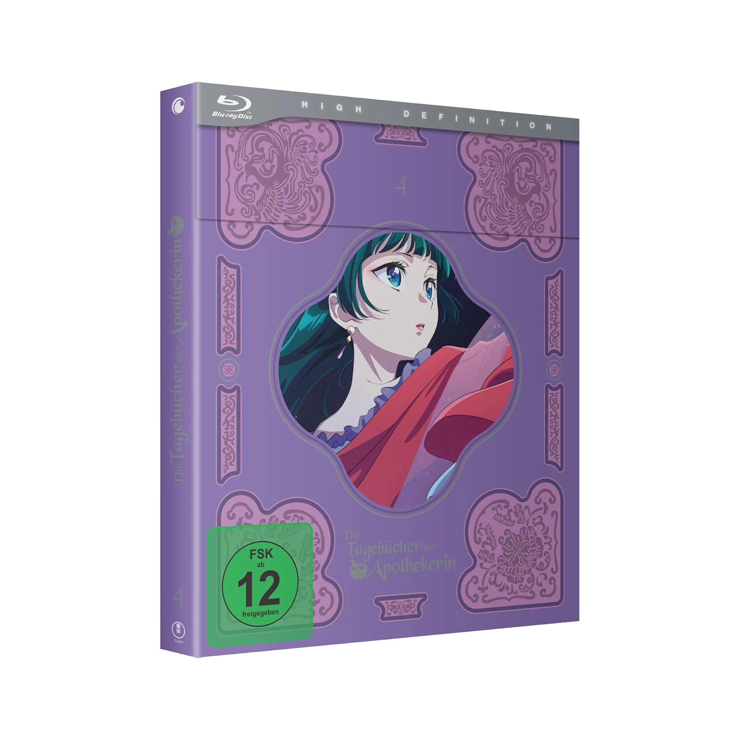 Lila Anime-Charakter Blu-ray-Case mit silbernen Akzenten und rundem Fenster für The Apothecary Diaries Staffel 1 Vol 4