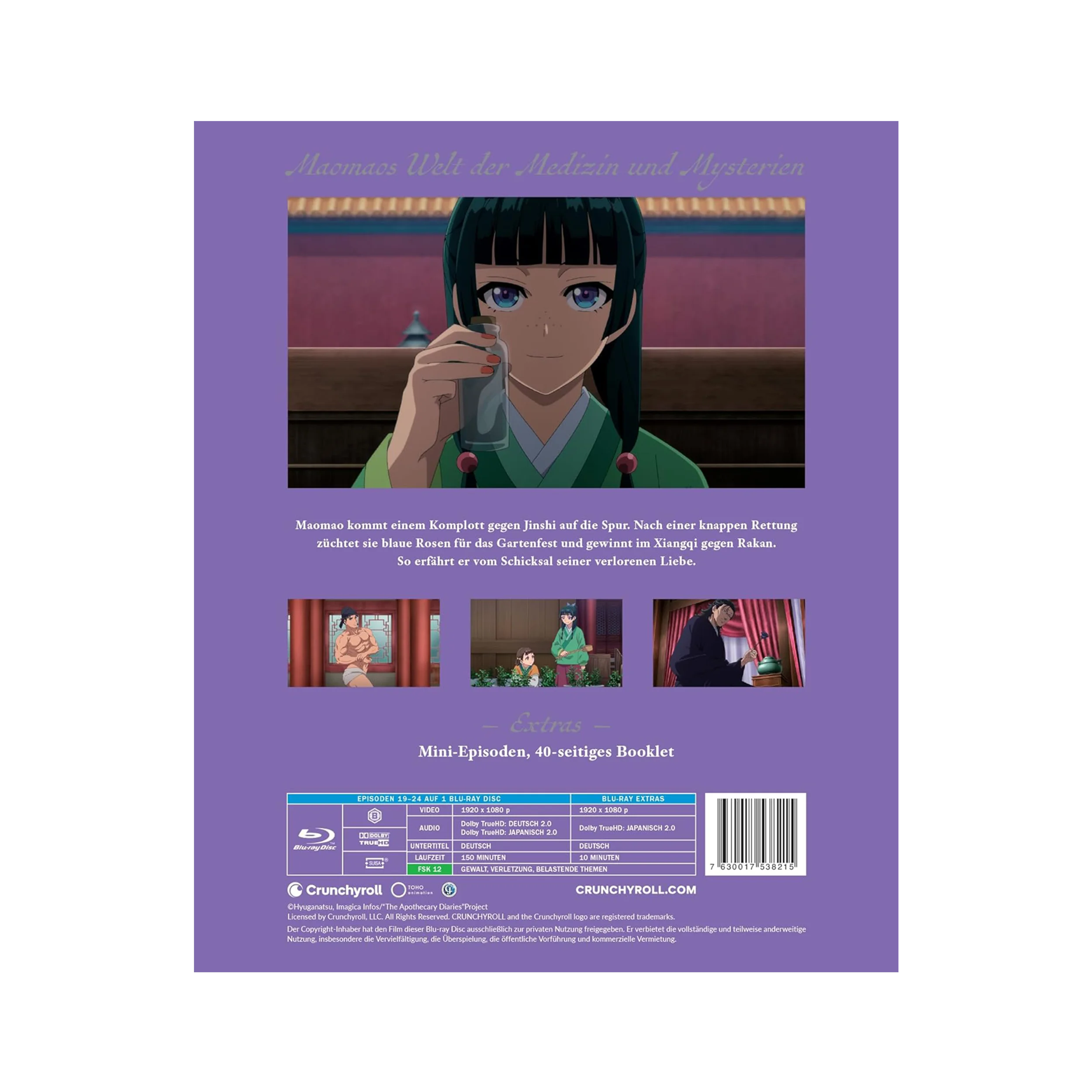 Lavendelfarbenes Anime-Plüschtier mit schwarzen Haaren und roten Augen in Kimono