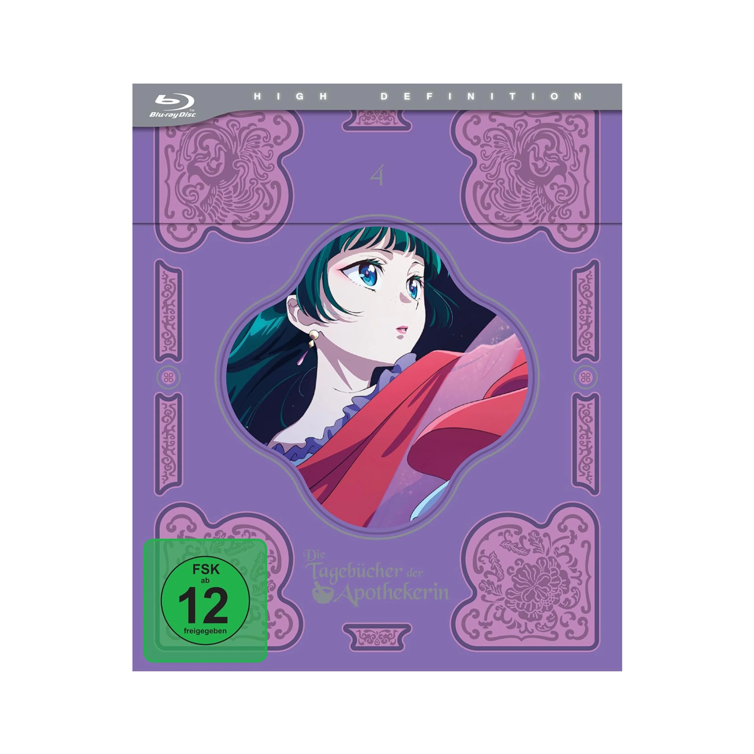 Lila Anime-Charakter Blu-ray-Case mit aufwändigem Design und HD-Label für The Apothecary Diaries Staffel 1 Vol 4