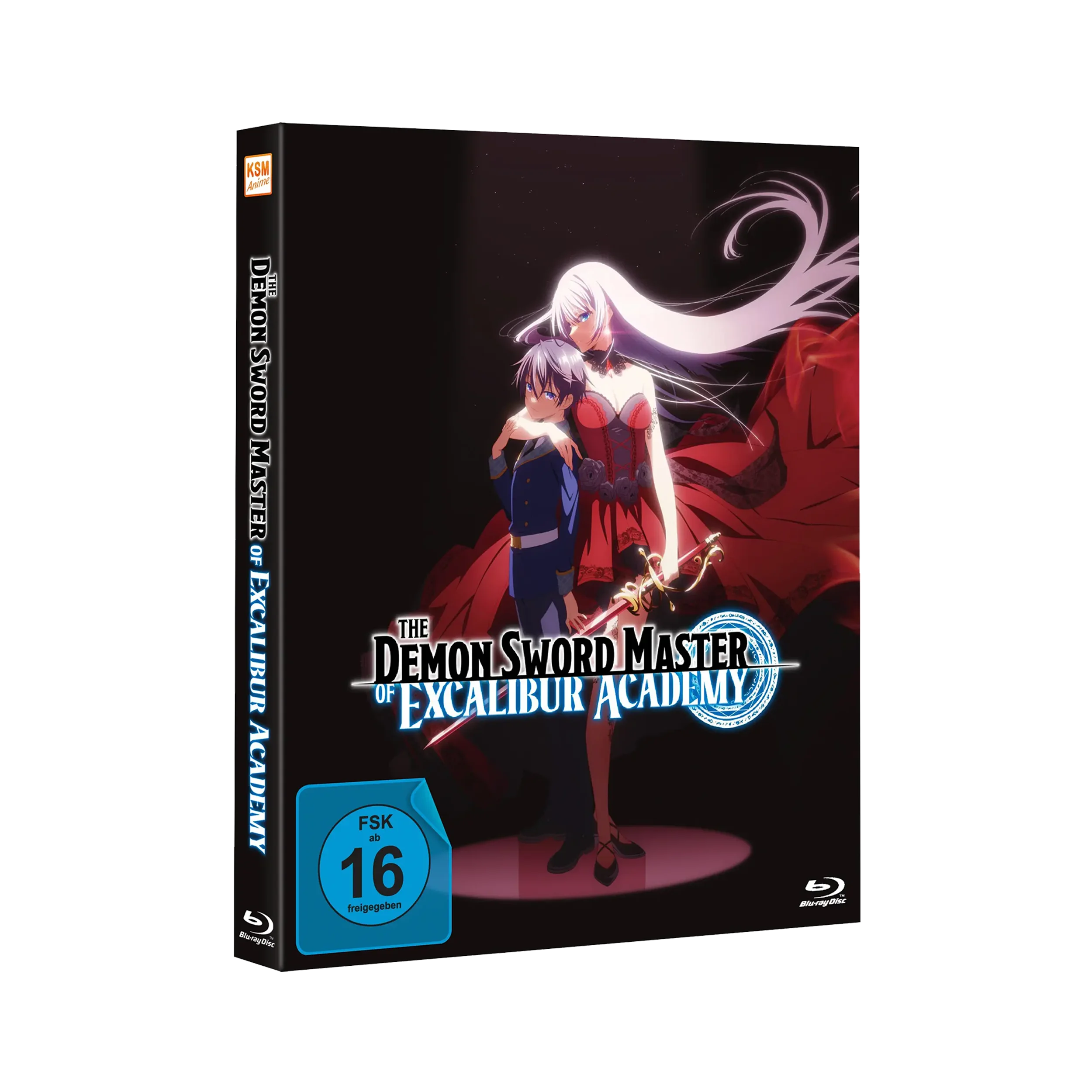 Anime Blu-ray-Case für The Demon Sword Master of Excalibur Academy mit zwei Charakteren vor dunklem Hintergrund