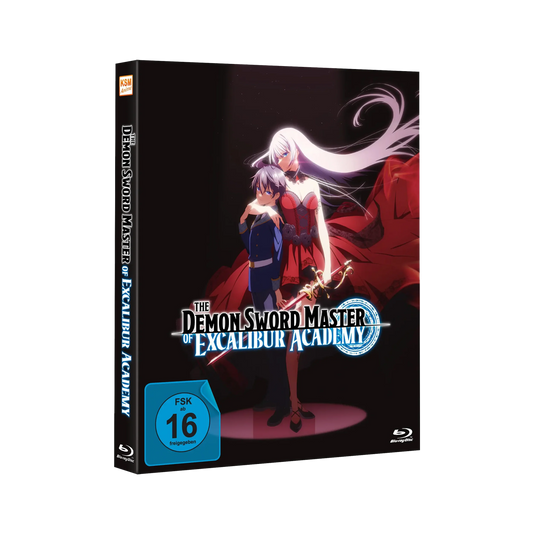 Anime Blu-ray-Case für The Demon Sword Master of Excalibur Academy mit zwei Charakteren vor dunklem Hintergrund