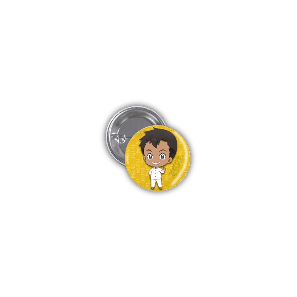 Gelber runder Button mit Cartoon-Charakter, vermutlich aus Metall oder Kunststoff, von The Promised Neverland Don