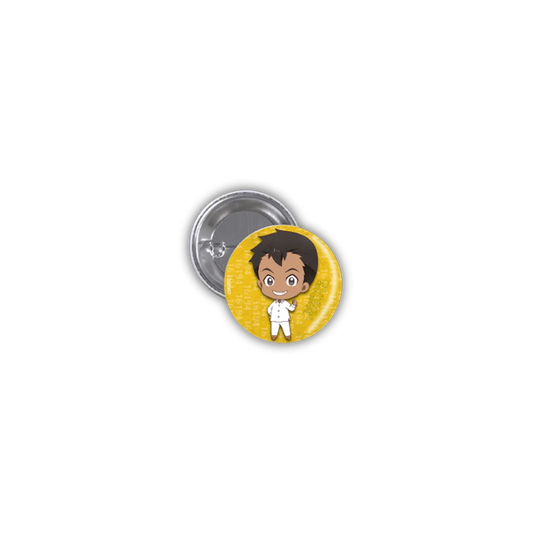 Gelber runder Button mit Cartoon-Charakter, vermutlich aus Metall oder Kunststoff, von The Promised Neverland Don