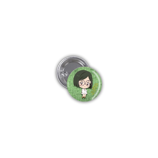 Grüne Button mit Cartoon-Charakterdesign aus Kunststoff oder Metall, The Promised Neverland Gilda