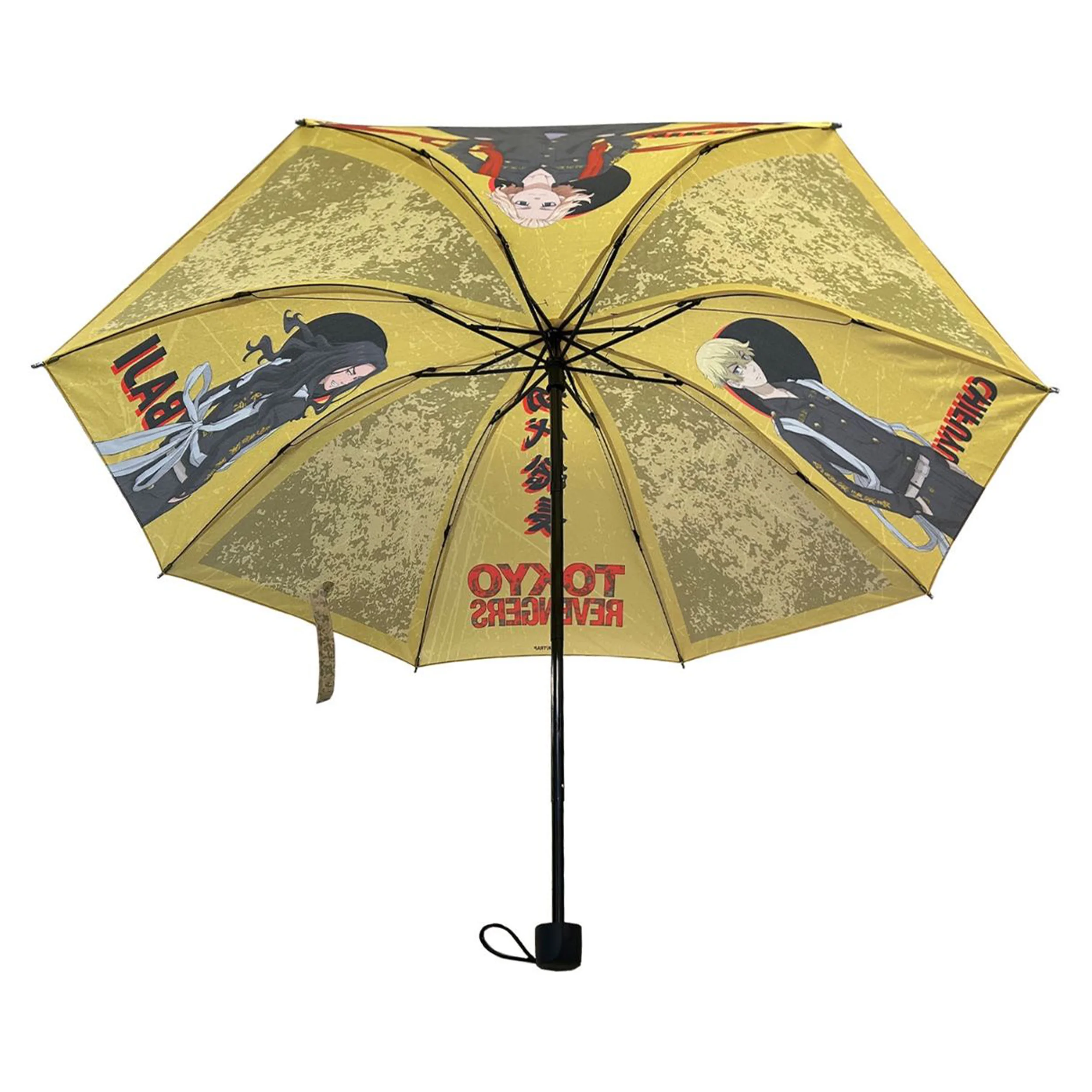Gelber Regenschirm mit Anime-Charakteren und Textdesign aus Tokyo Revengers
