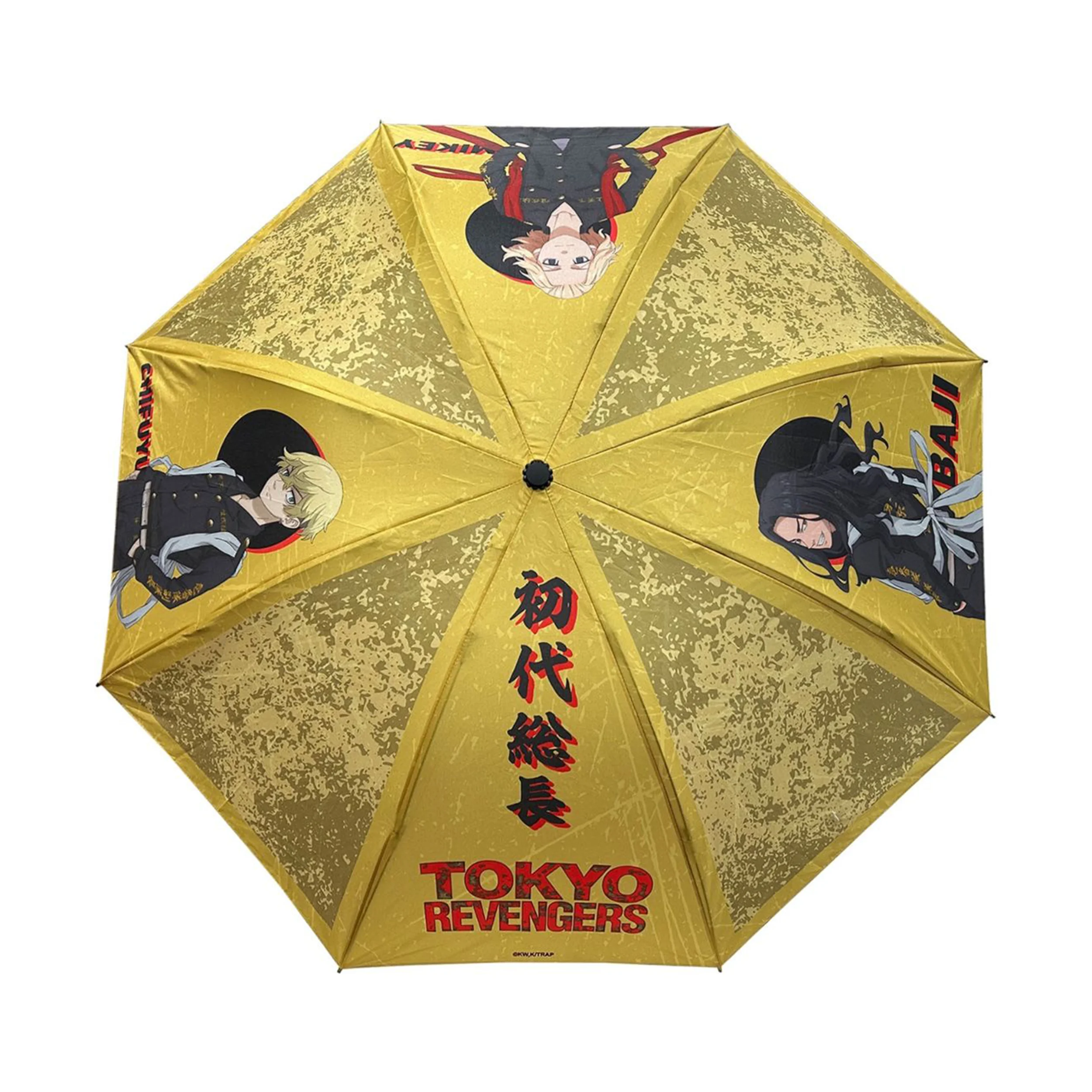 Gelber Tokyo Revengers Regenschirm mit schwarzen und roten Akzenten und Anime-Charakteren