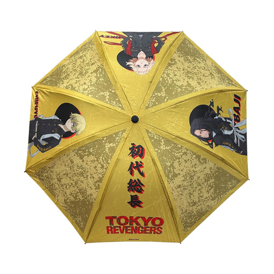 Gelber Tokyo Revengers Regenschirm mit schwarzen und roten Akzenten und Anime-Charakteren