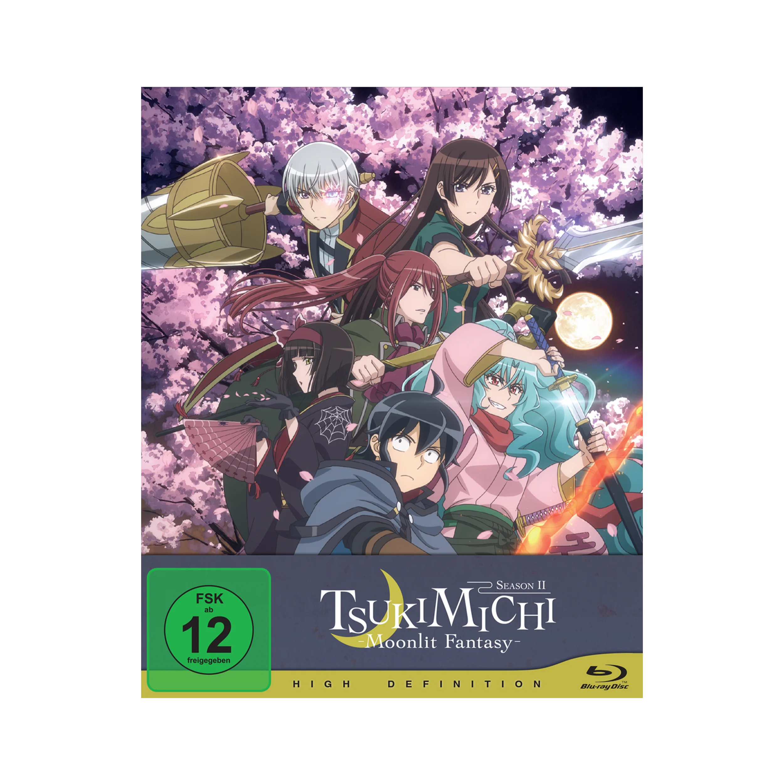 Tsukimichi Moonlit Fantasy Staffel 2 Limited Edition Blu-ray mit Anime-Charakteren und Kirschblüten