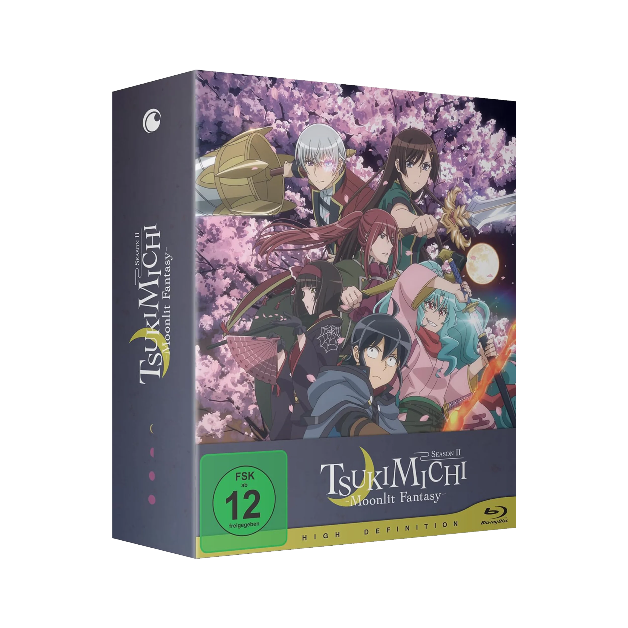 Tsukimichi Moonlit Fantasy Staffel 2 Vol 1 Limited Edition Blu-ray mit bunten Charakteren und Kirschblüten-Hintergrund