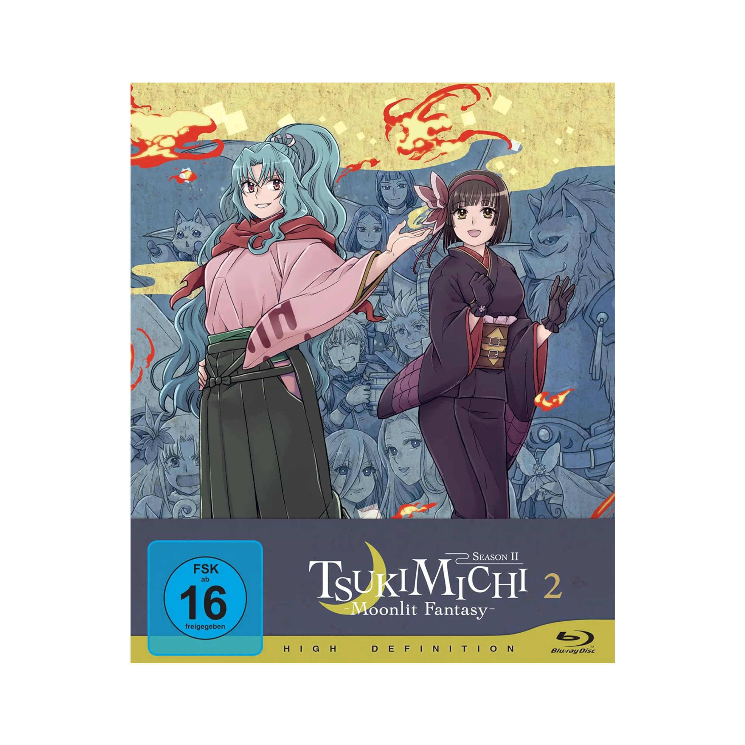 Anime Blu-ray Case für Tsukimichi Moonlit Fantasy Staffel 2 Vol 2 mit zwei traditionell gekleideten Charakteren vor buntem Hintergrund