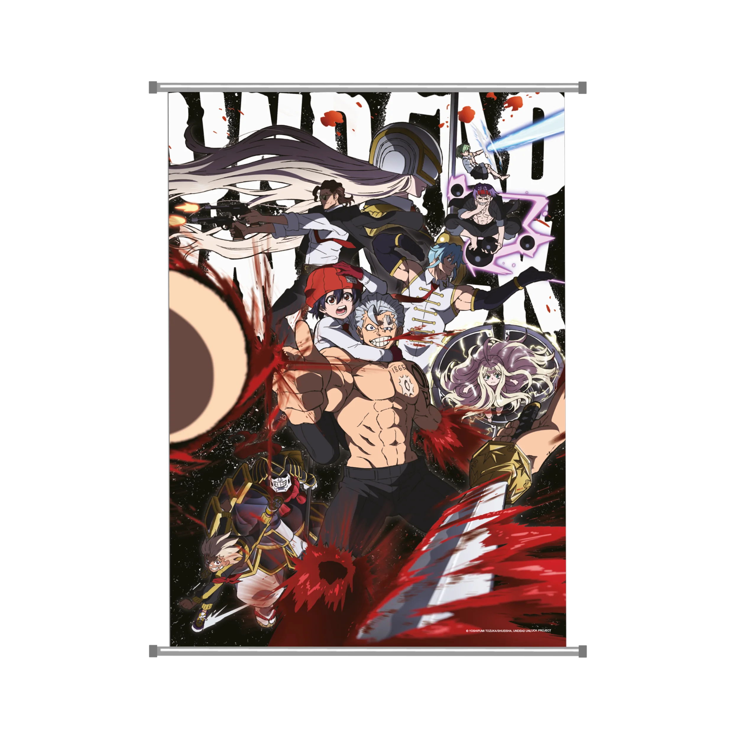 24x36 Undead Unluck Wandbanner mit Anime-Charakteren in dynamischen Posen und leuchtenden Farben