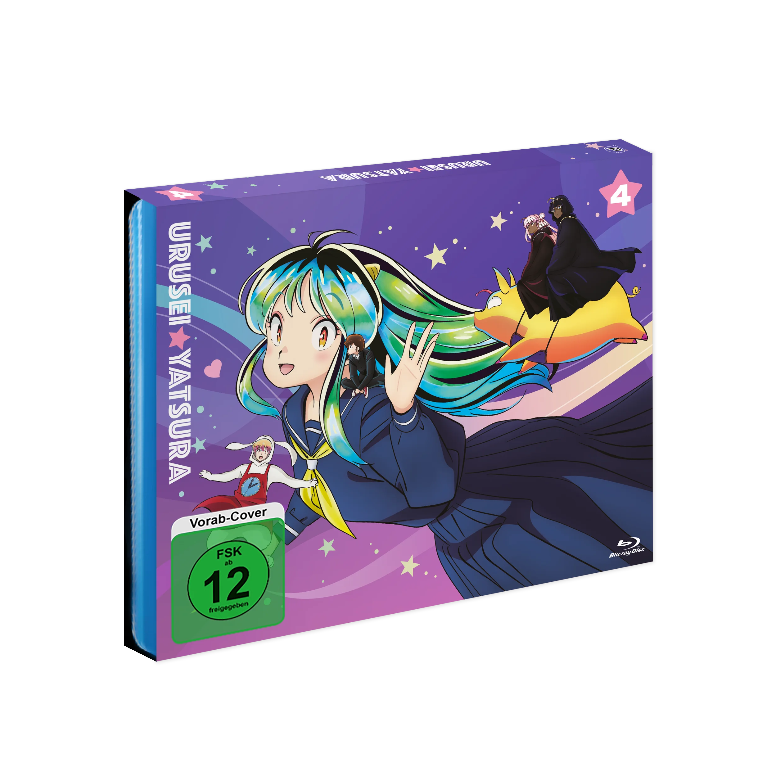 Urusei Yatsura Vol. 4 Blu-ray mit lila Anime-Figur, Regenbogen-Haaren und Sternen