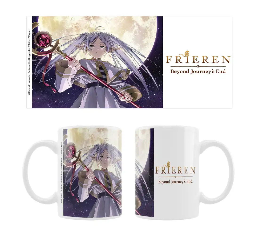 Weiße Keramiktasse mit dem Design »frieren beyond journey’s end«, das einen Anime-Charakter mit einem Stab zeigt.