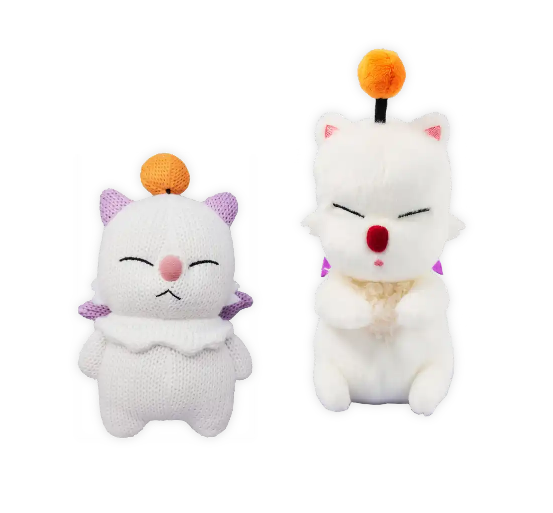 Weiches weißes Plüschkatzen-Spielzeug mit orangefarbenem Pom-Pom auf dem Kopf, lila Akzenten und geschlossenen Augen.