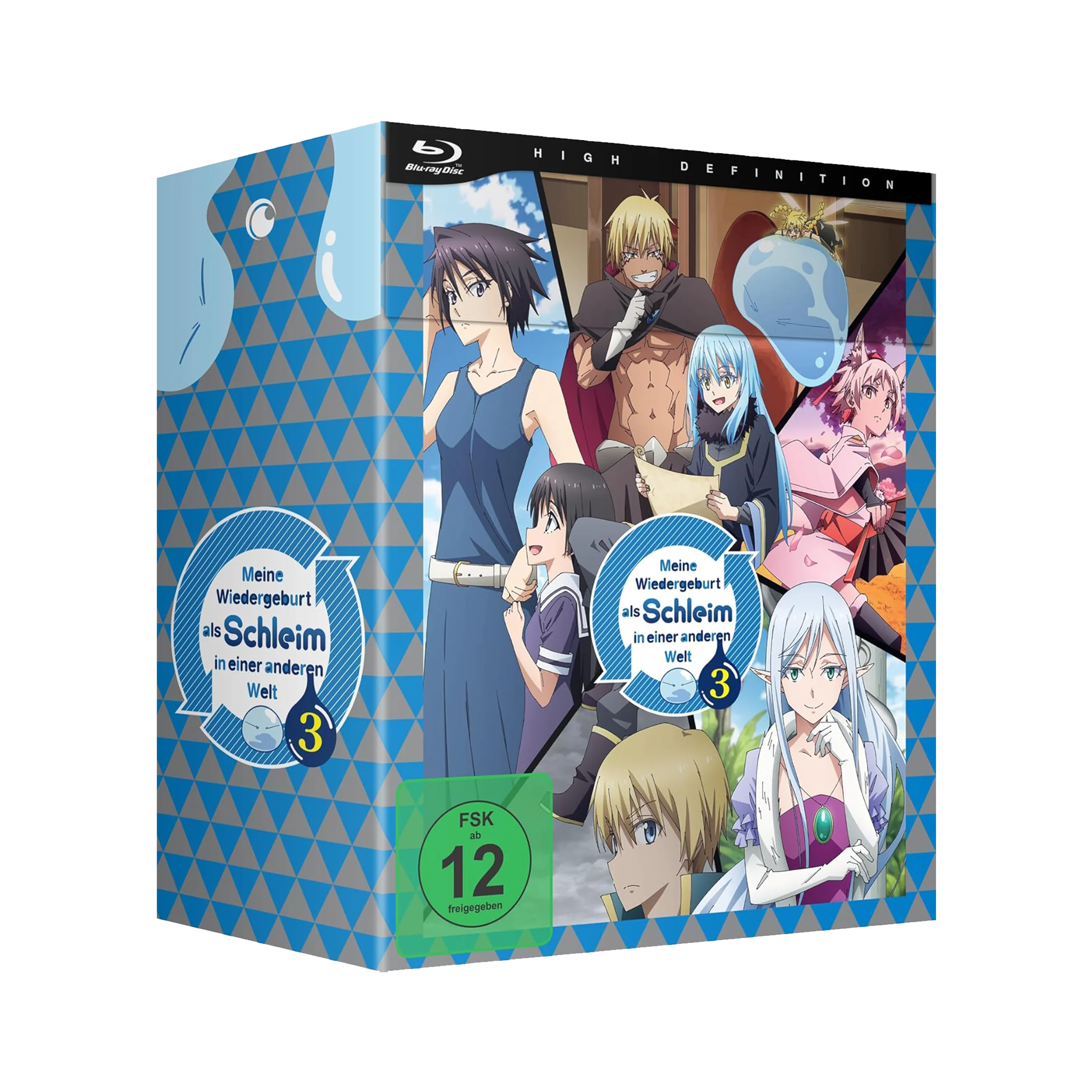 Blaue Anime-Charakter-Blu-ray-Hülle mit mehreren Figuren aus Meine Wiedergeburt als Schleim in einer anderen Welt Staffel 3 Vol 1 Limited Edition