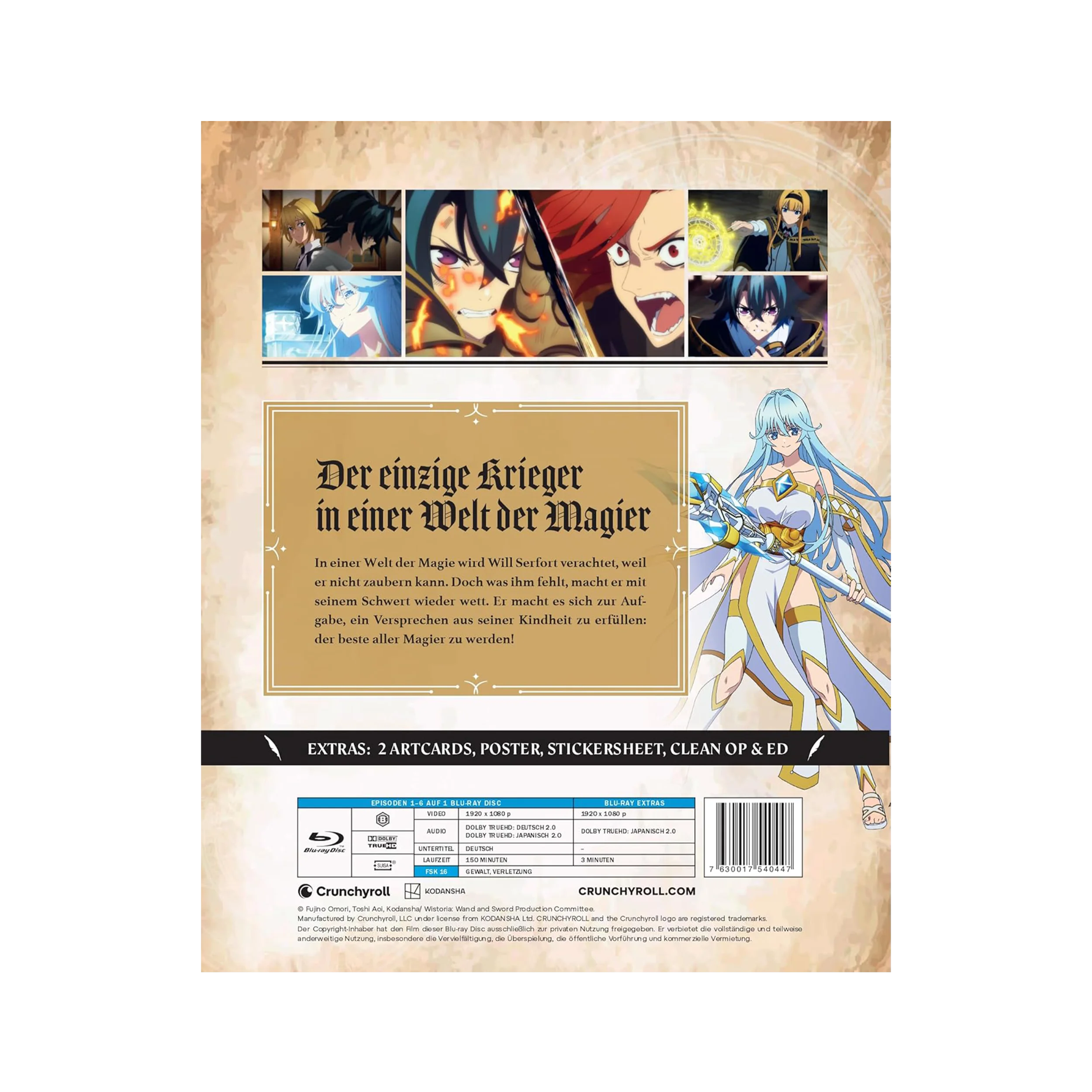 Anime-Charakter-Artbuch mit blauer und weißer Hülle, zeigt eine Kriegerin in Rüstung