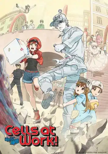 Zellen bei der Arbeit! Poster mit einer dynamischen Actionszene, in der Charaktere in lebendigen, detaillierten Illustrationen dargestellt sind.